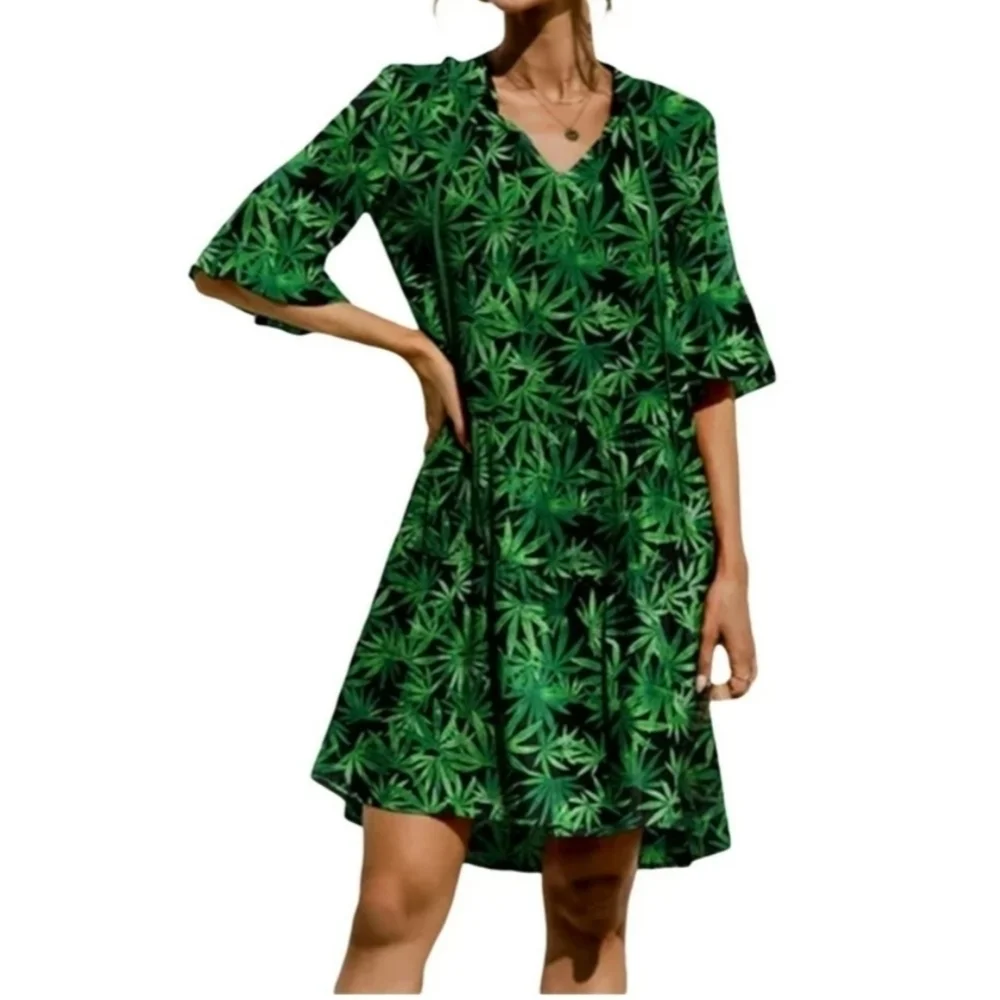 Qincao Leaf Print Beach Dress